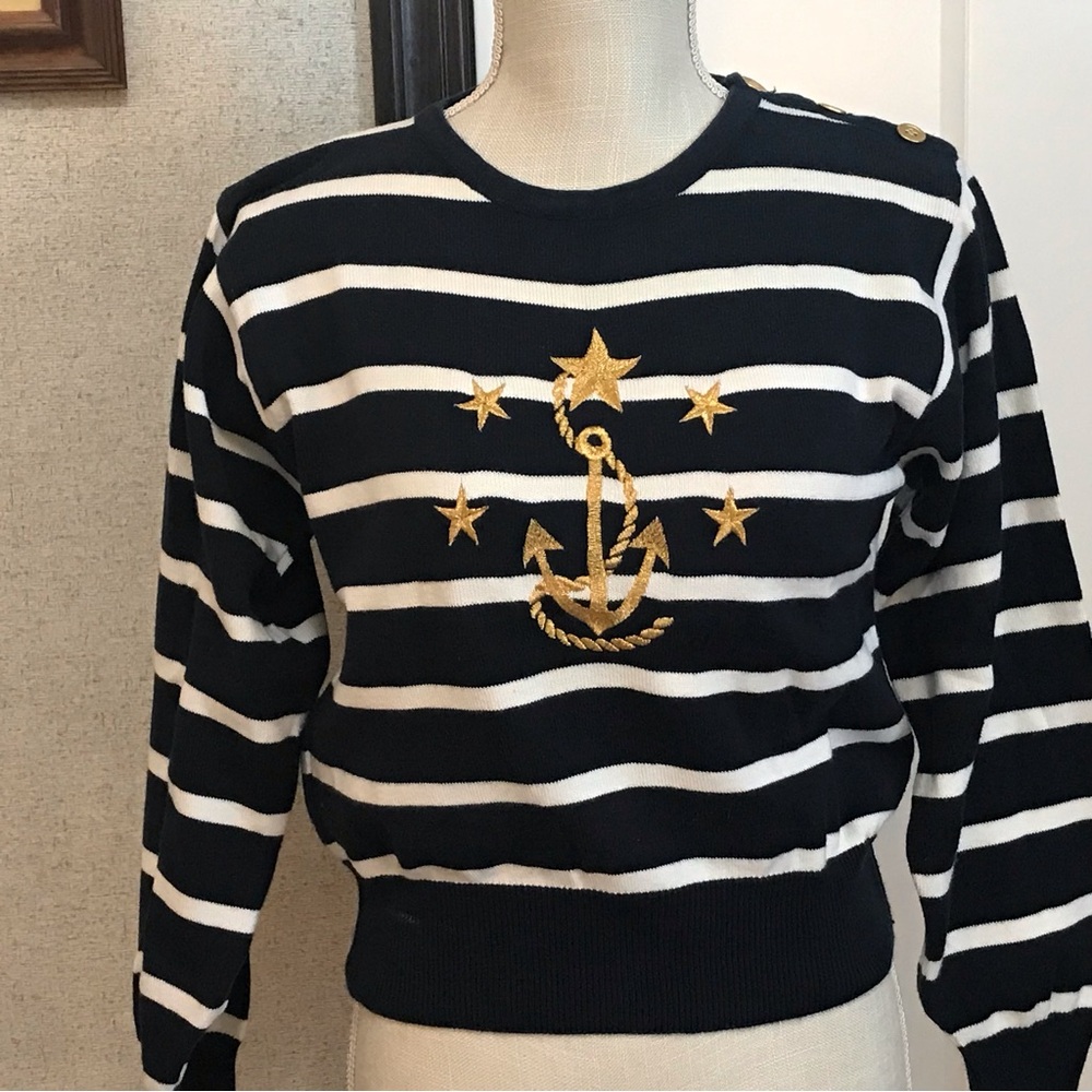 Liz Claiborne Navy and White Nautical Cotton Crew Neck Sweater Size P/P